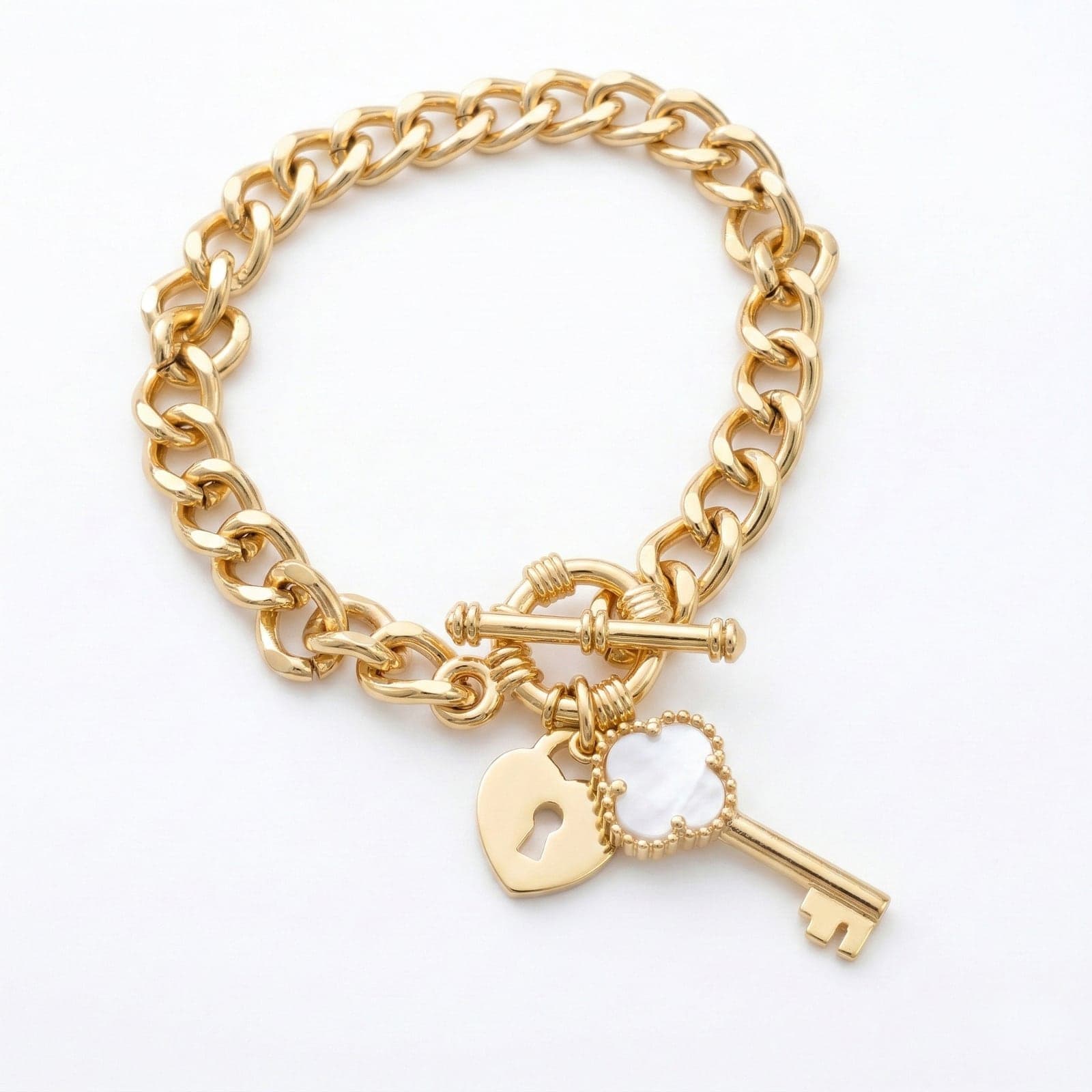 Gold Plated Bracelet with Mother-of-Pearl Stone and Key and Lock Pendant on Brass