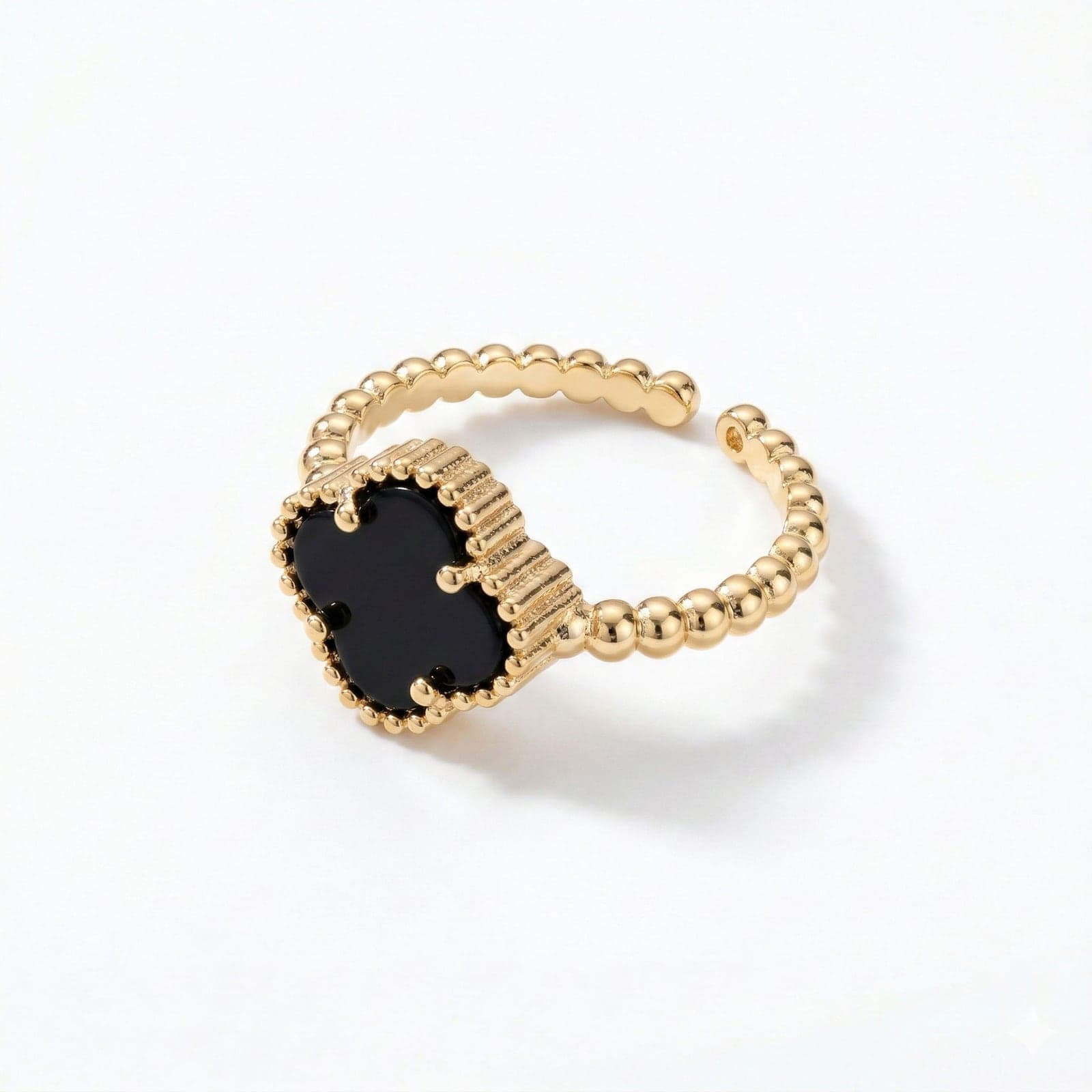 Gold Plated Black Pearl Stone Clover Adjustable Ring on Brass