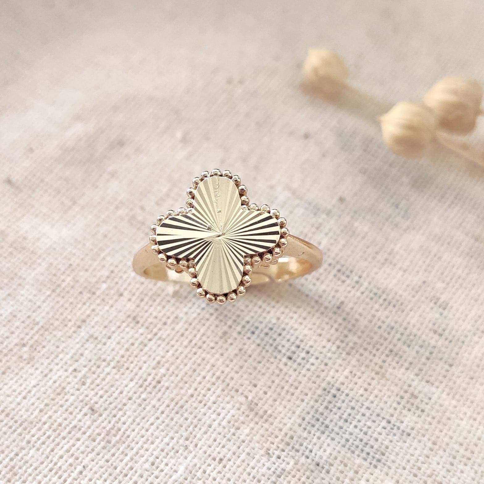 Gold Plated Clover Adjustable Ring on Brass