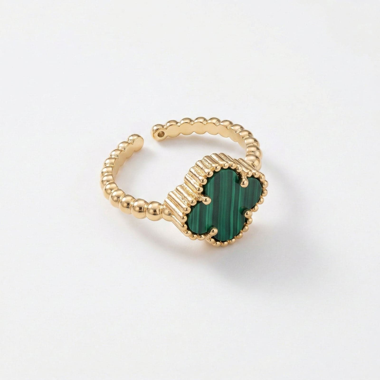 Gold Plated Green Pearl Stone Clover Adjustable Ring on Brass
