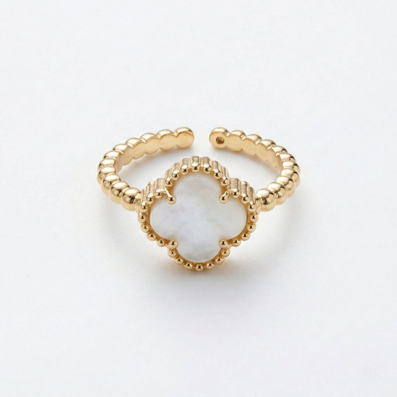 Gold Plated White Pearl Stone Clover Adjustable Ring on Brass
