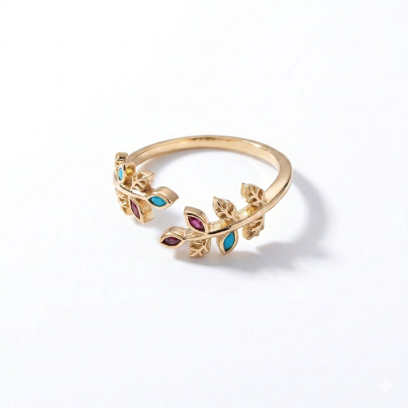 Adjustable Ring with Gold Plated Colored Zircon Stone and Leaf Pattern on Brass