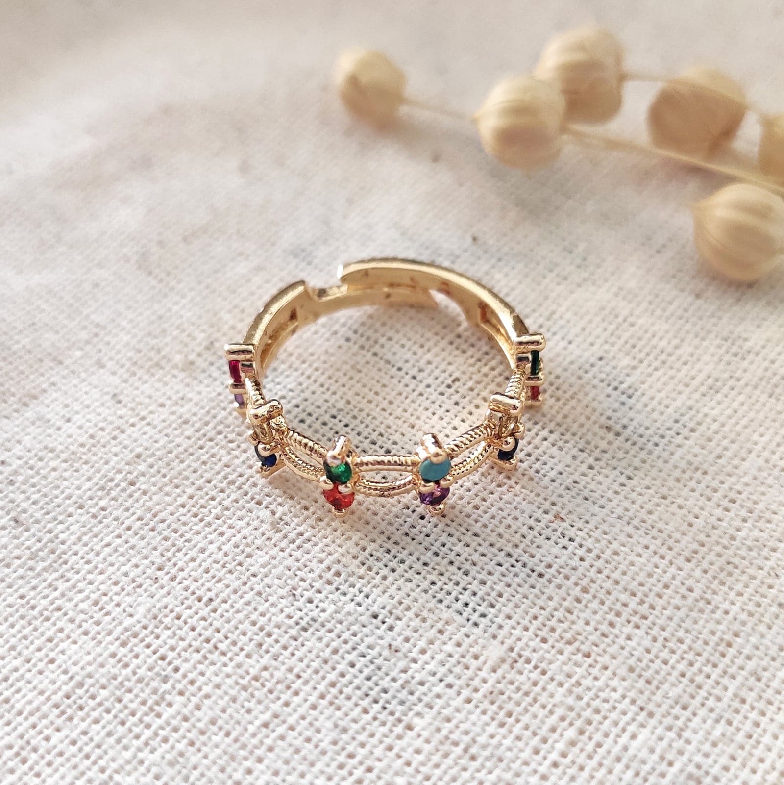 Adjustable Ring with Gold Plated Colored Zircon Stone on Brass
