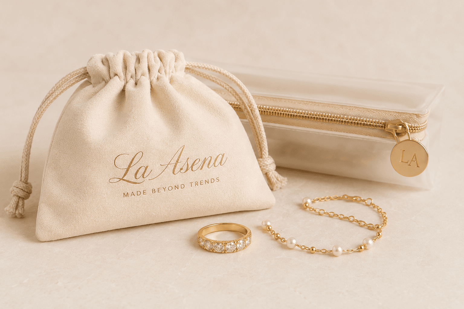 La Asena jewelry, signature pouch and transparent case