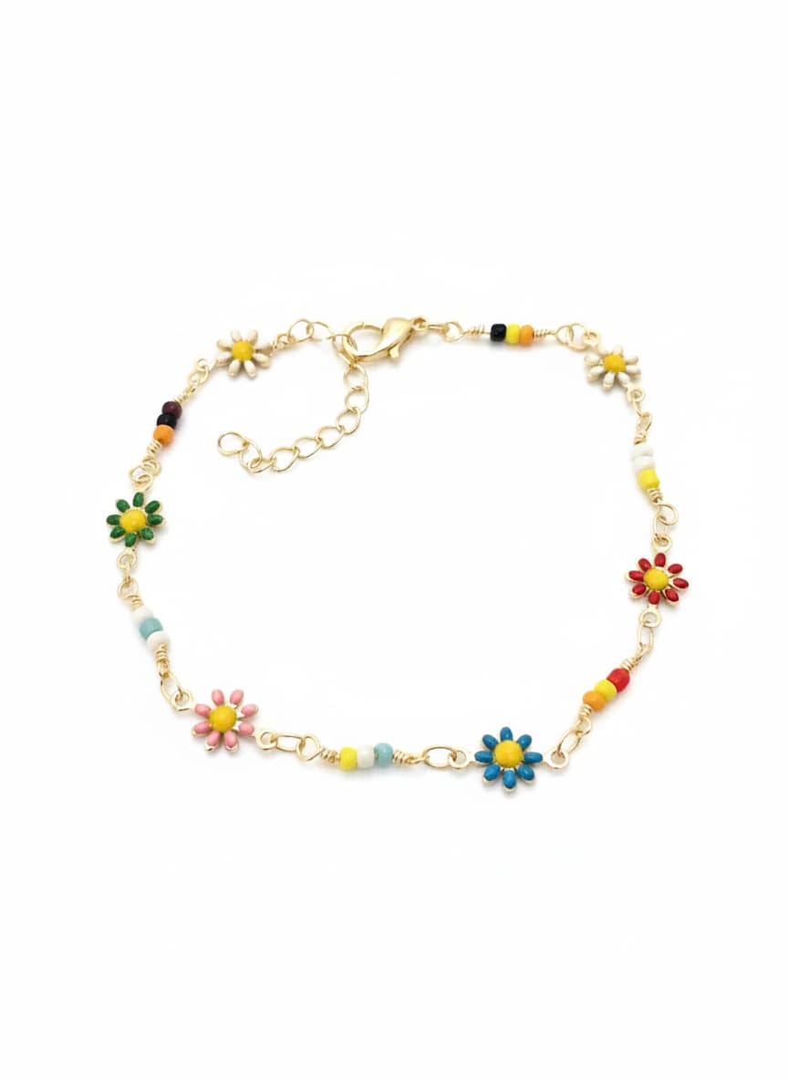 Brass with Gold Plating, Colorful Daisy Anklet