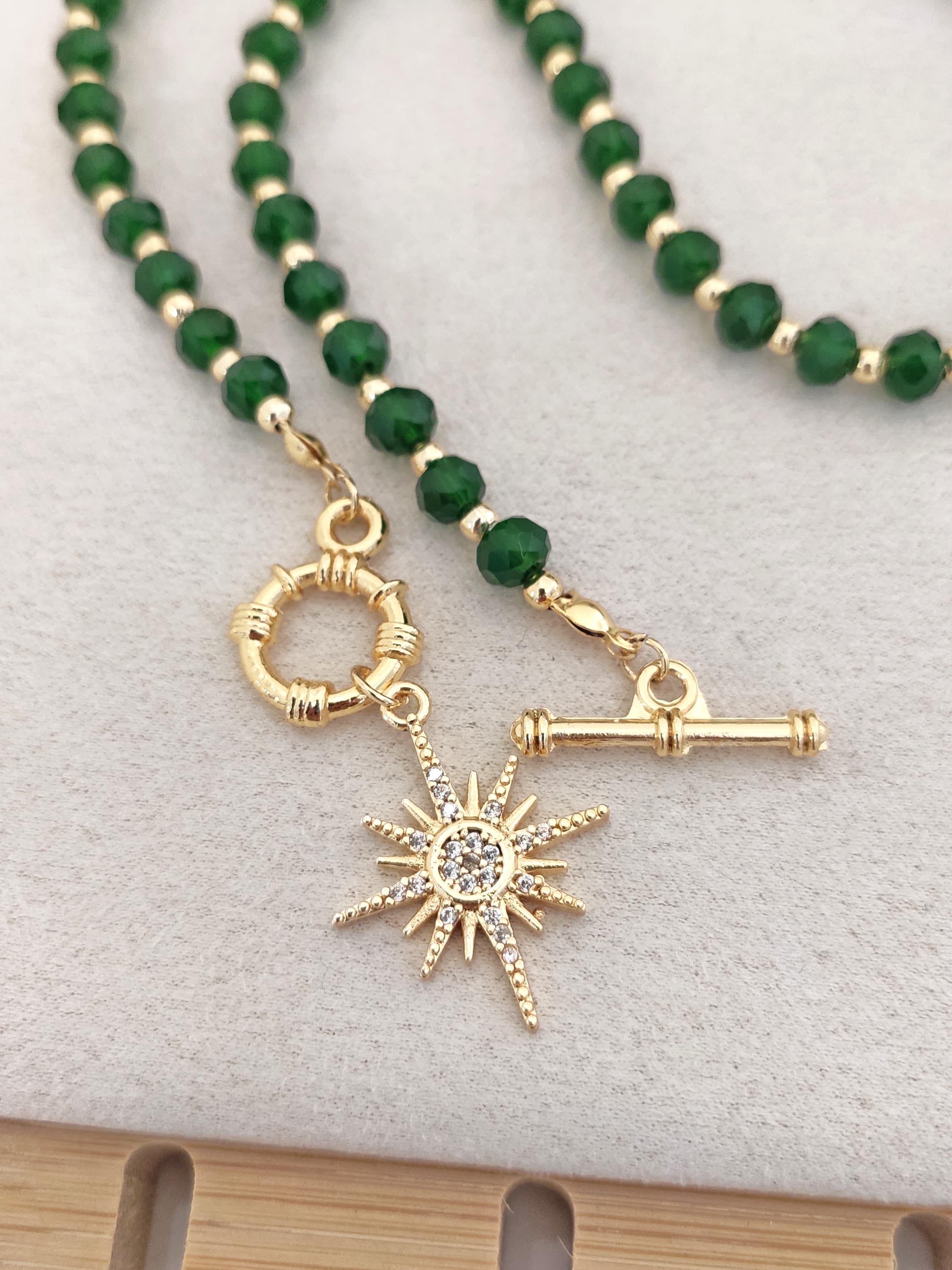 Brass with Gold Plating, Green Crystal Stone Set Zircon Stone North Star Dangle Necklace