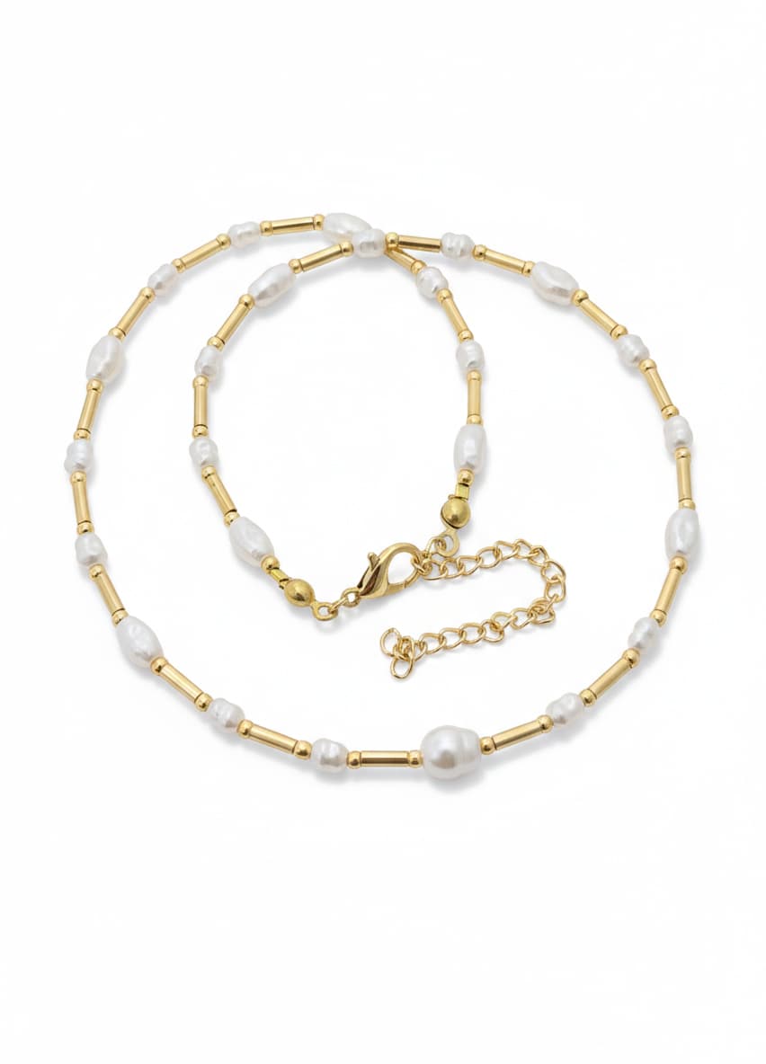 Brass with Gold Plating, Plastic Pearls and Real Pearl Detailed Necklace