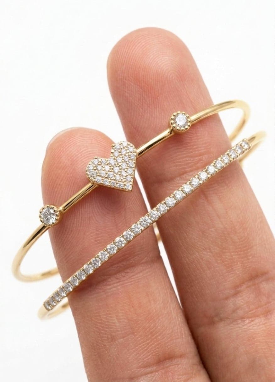 Gold-plated Brass-patterned double bracelet with a heart-shaped design set with zircon stones