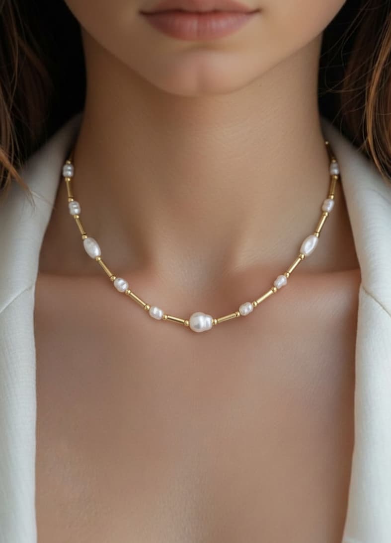 Woman wearing a delicate La Asena pearl necklace